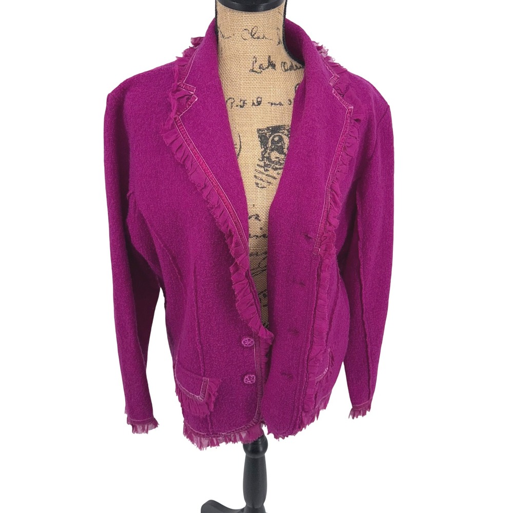 Vtg Purple Magenta Wool Ruffled Blazer Jacket XL Unlined Feminine Coquette
